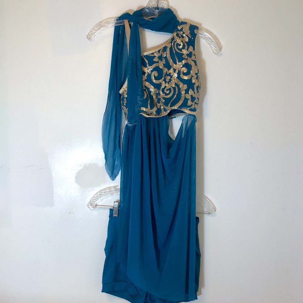 Teal and gold sequined dance costume